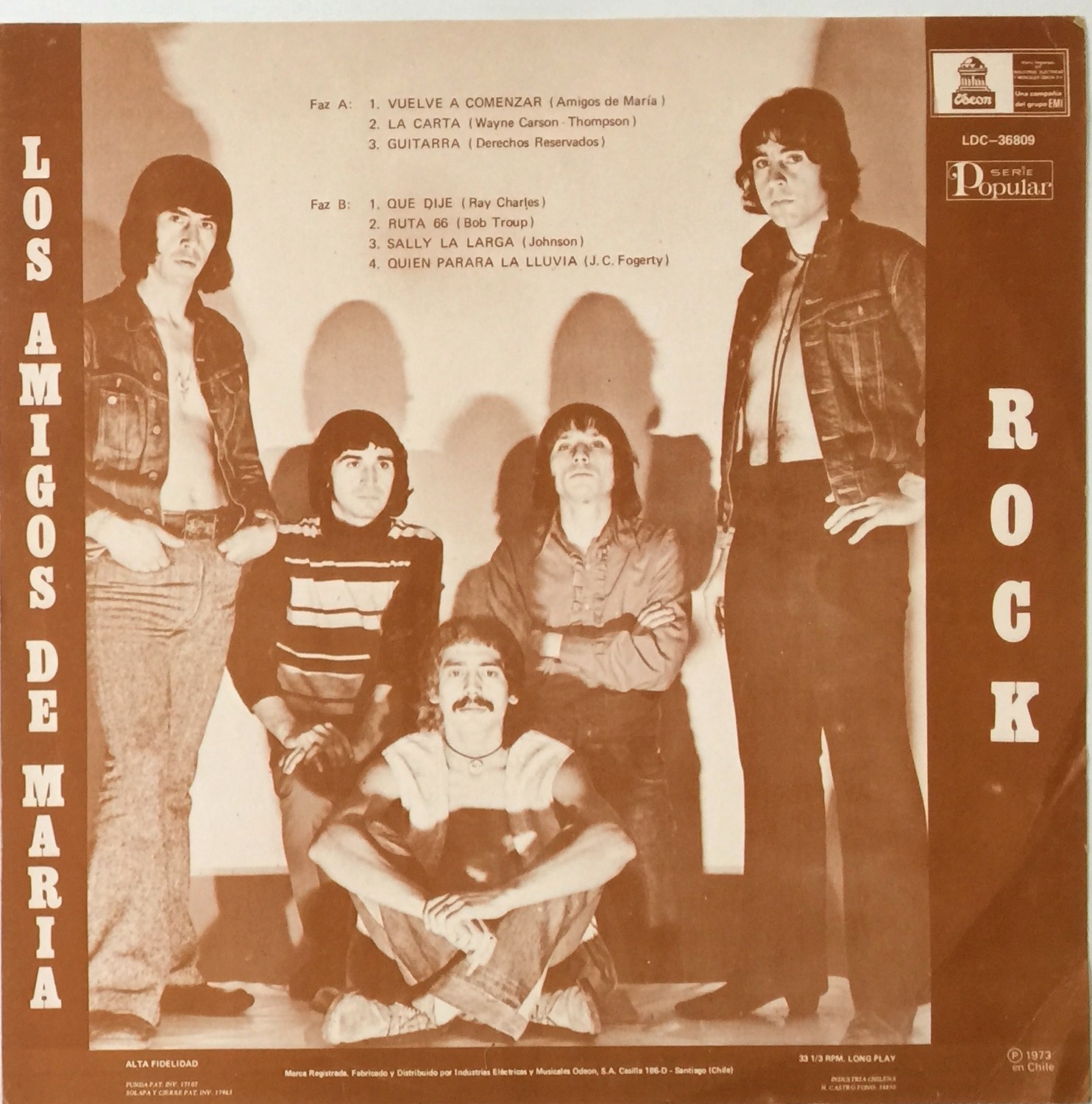 Contraportada de Rock (Odeon, 1973), con la foto del quinteto y la lista de temas.